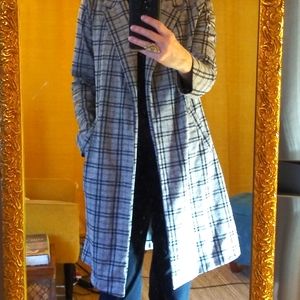 Open front plaid/ tweed print duster coat